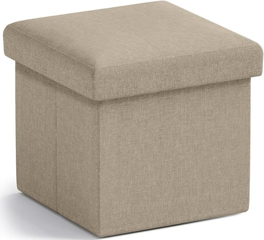 Ornavo Home Small Storage Ottoman Foldable Collapsible Cube Square Linen Ottoman Foot Rest Stool Seat, for Living Room, Bedroom, Home Office, Dorm - 12 x 12 x 12, Taupe
