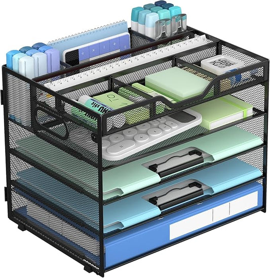 Docnest 5 Tier Mesh Desk Organizer with Adjustable Compartments - Stackable Letter Tray with Built-in Pen Holder & Handles - Desktop File Storage for Office, Home, School Supplies - Black