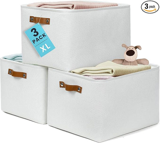 OrganiHaus 16x12.5in Canvas Storage Baskets 3 Pack | EXTRA LARGE Fabric Bins for Shelves | Linen Closet Organizer | Full Off-White