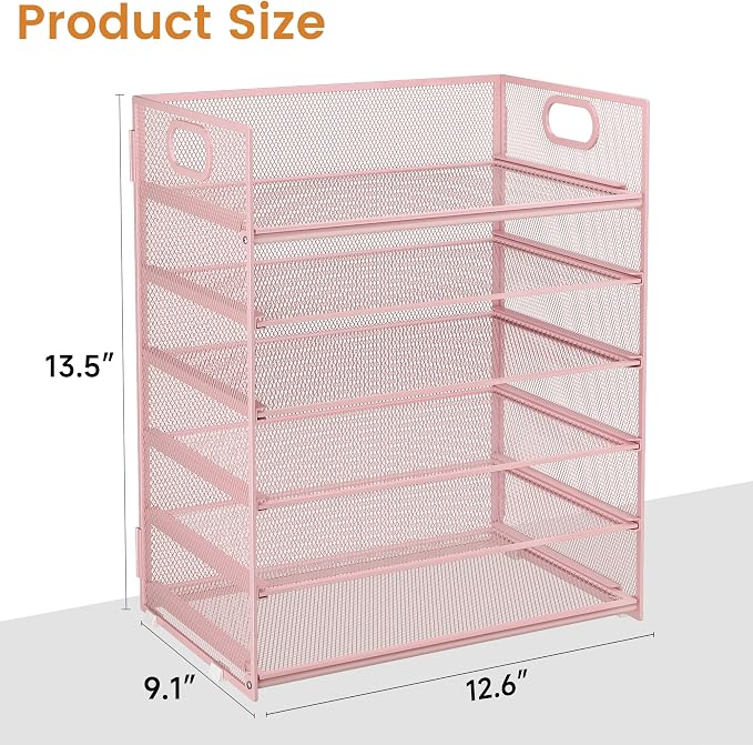 Subekyu 6-Tier Desk Paper Organizer, Desktop File Letter Tray with Handle, Document Sorter and Accessories Holder for Office, Home and School Workspace Organizers, Pink-2 Pack
