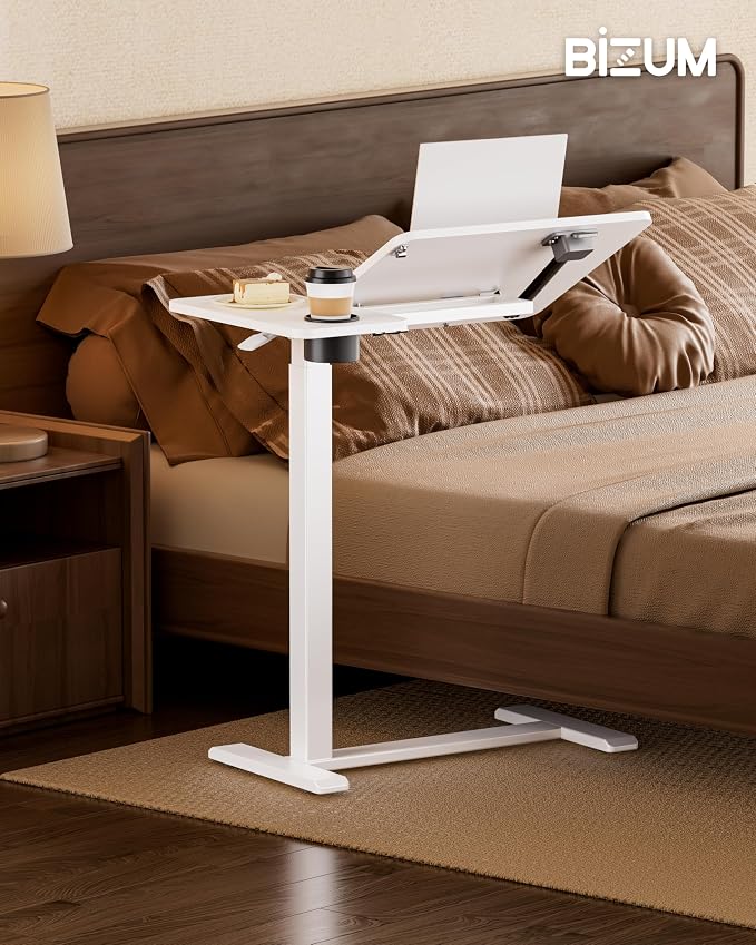 BZIUM Overbed Bedside Table with Hidden Wheels, Adjustable Medical Tilt Top Hospital Bed Table Over The Bed, Rolling Desk Mobile Standing Desk (31.5x15.8, White)