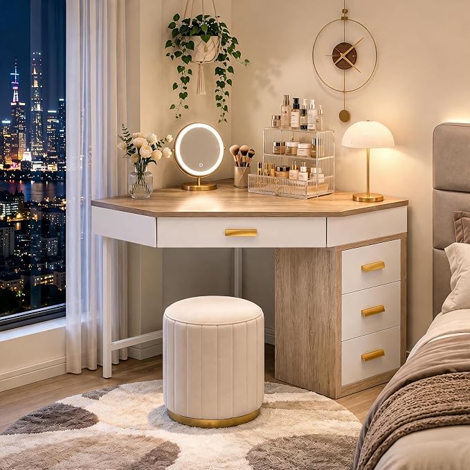 Tribesigns Corner Desk with 4-Drawer Storage,Triangle Computer Desk,Vanity Station,Study Nook for Small Space,Home Office,Bedroom,Living Room,White&Gray
