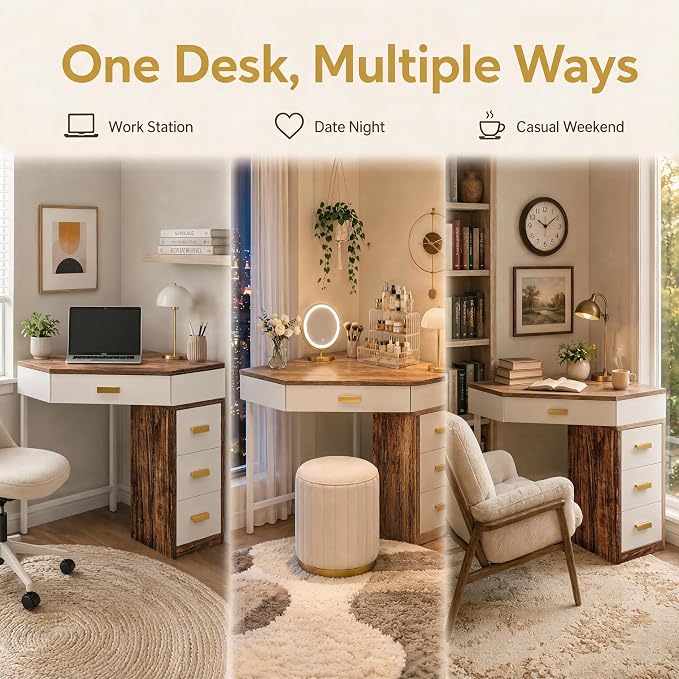 Tribesigns Corner Desk with 4-Drawer Storage,Triangle Computer Desk,Vanity Station,Study Nook for Small Space,Home Office,Bedroom,Living Room (White&Brown)