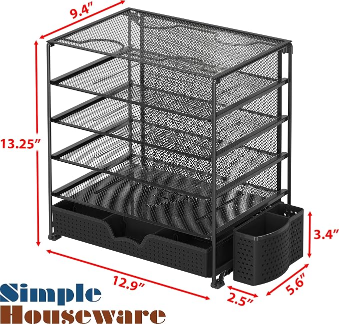 Simple Houseware 5-Tier Document File Tray with Sliding Drawer and Pen Bucket, Black