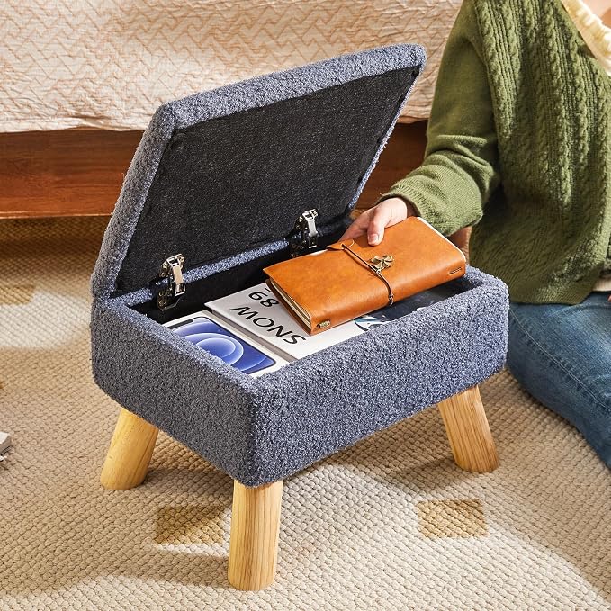 YMYNY Storage Ottoman,Small Foot Stool, 15.75"×11.81"×11.02" Blue,HBD042BU | Teddy Velvet, Sturdy Wood Legs, Foot Rest with Padded Seat, For Living Room Bedroom Couch Entryway