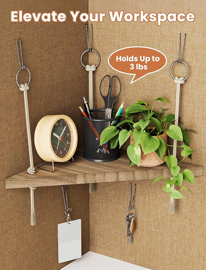 NiHome Fabric Cubicle Corner Shelf, Solid Wood Hanging Shelf with Cotton Rope, Tool-Free Metal Hook Installation for Office Cubicle Walls, Space-Saving Corner Storage Display Shelves (1 Pack)
