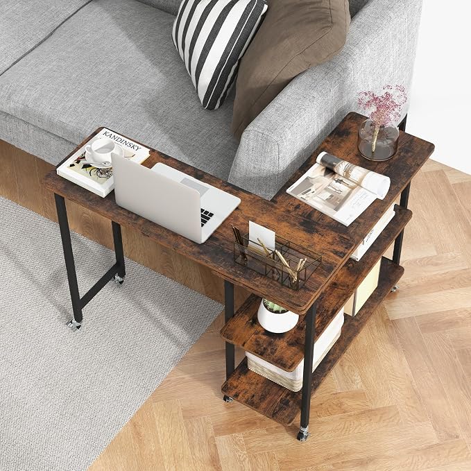 Tangkula 360° Rotating Sofa Side Table, Patented Mobile End Table with 2-Tier Storage Shelves, Swivel Rolling Desk with 6 Lockable Wheels, Metal Frame, Movable Laptop Table Couch Snack Table for Home