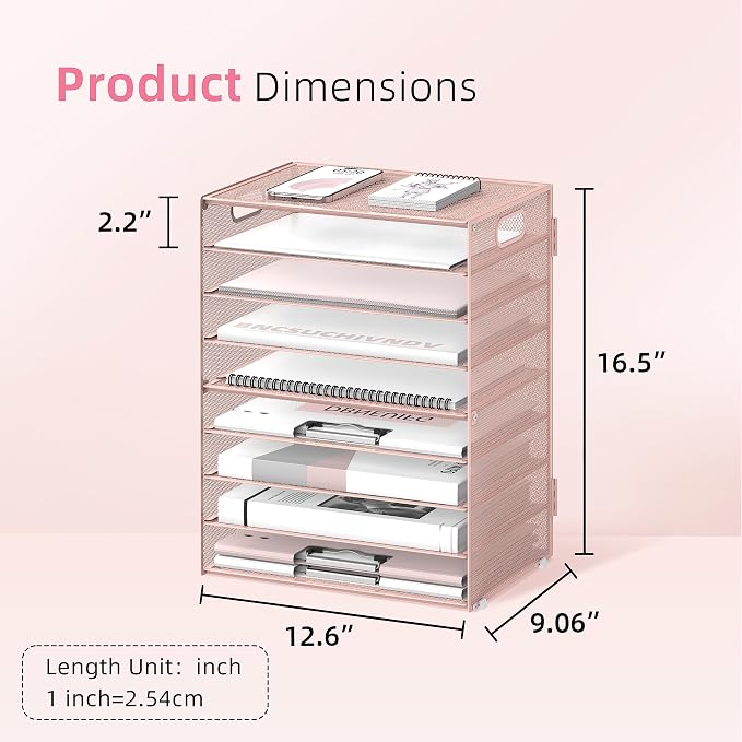DALTACK 9-Tier Paper Organizer for Desk, Mesh Letter Tray Desk Organizer with Handles, Space-Saving File Organizer for Office Home School, Pink 2 Pack