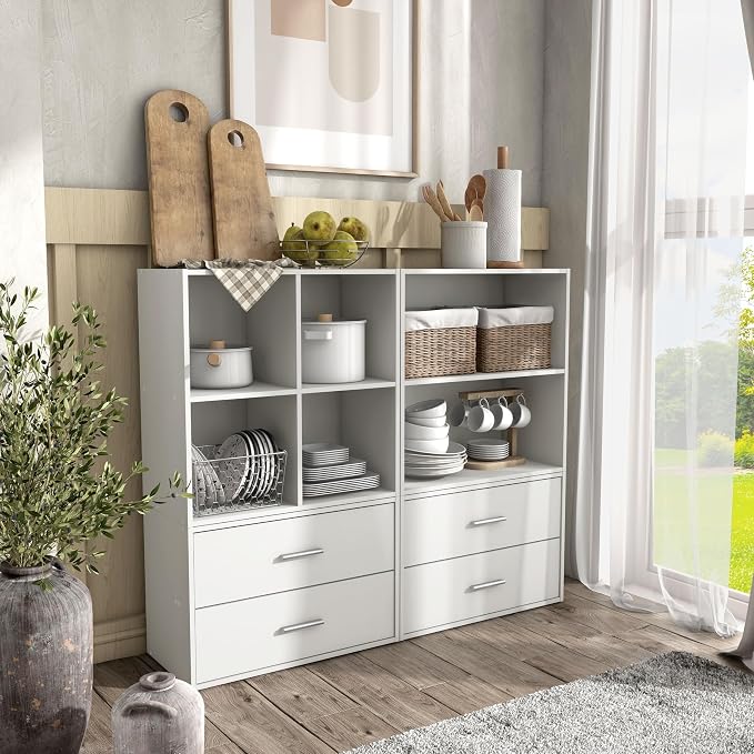 Homes: Inside + Out Apexa 3-Tier Stackable Wood Bookcase with Doors, Cube Storage Organizer Shelves, Small Food Pantry Cabinet, Dorm Teen Room Decor & Bedroom, Home Office, Kitchen, White