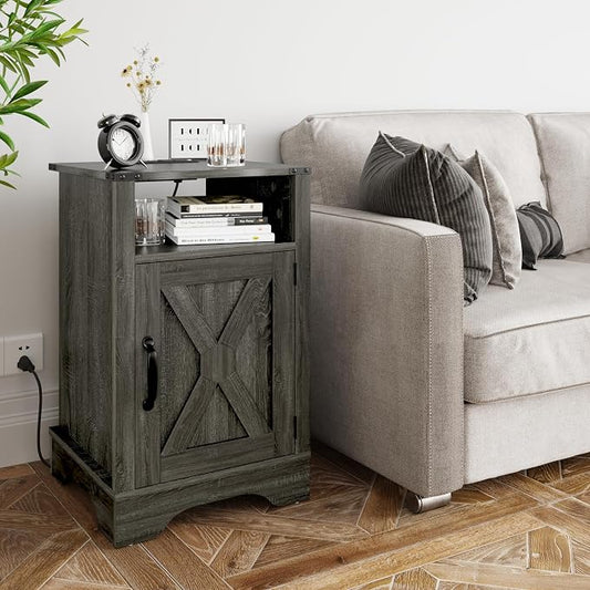 RoyalCraft 25" Tall Farmhouse Nightstand with Charging Station, Grey End Table with Storage, Large Wooden Rustic Bedside Table for Bedroom, Dark Grey