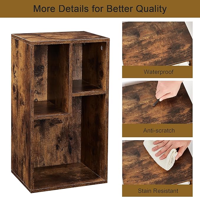 VECELO 11.8" Open Bookshelf, Waterproof Particle Board Asymmetrical Split Cubby Storage Organizer, Brown Uneven Compartment Display Cube for Tall Books, Bedroom Dorm Office