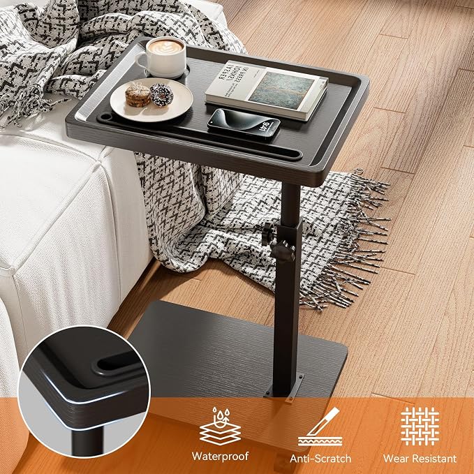 IBUYKE C Shaped Side Table Height Adjustable, 360° Swivel TV Tray Table with Wheels, End Table for Small Spaces,Living Room,Small Bedside Table for Eating, Dinner or Laptop,Black UTVT007B