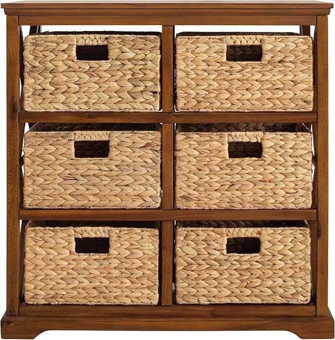 eHemco Hampton Meadows 3 Tier X-Side End Storage Cabinet with 6 Wicker Baskets, Walnut