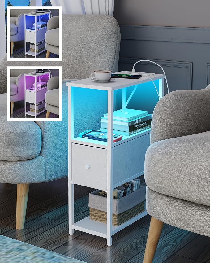TUTOTAK Small Narrow LED End Table with Charging Station, Side Table Outlets, Nightstand with Cloth Drawer, Set of 2, Couch Table, for Living Room, Bedroom, Bedside, White TB01BW059