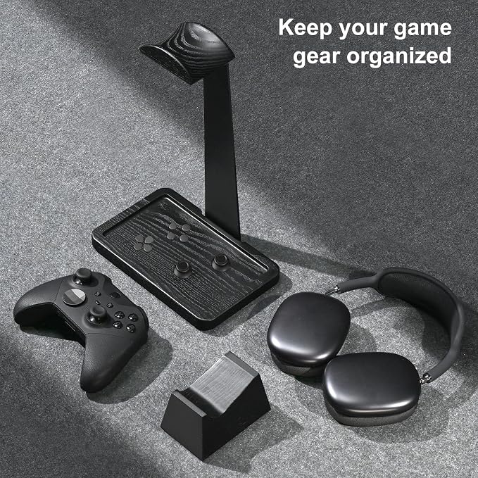 UPERGO Solid Wood Headphone Stand with Controller Holder for Desk | Natural Solid Wood, Holds 1 Headset & 1 Controller, Gamer Gifts for Men, Gaming Desk Accessories for PS5/Xbox/Switch