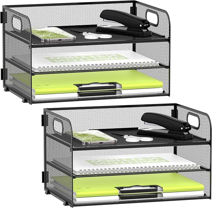 DALTACK 3 Tier Paper Organizer with Handle, Mesh Metal Desk Organizer with Sliding Paper Trays for Letter/A4 Paper, Mail, Bills & Folders, Black 2 Pack