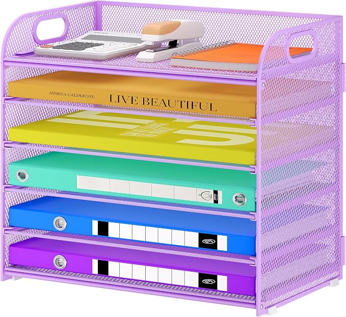 Cawukege 6 Tier Paper Organizer, Purple Letter Tray with Handle, Mesh Desk Organizer, Metal File Organizer, Office Desk Accessories for Home, Office, Classroom, School