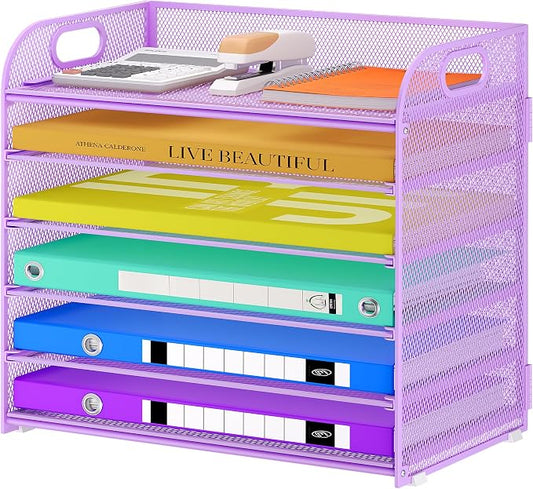 Cawukege 6 Tier Paper Organizer, Purple Letter Tray with Handle, Mesh Desk Organizer, Metal File Organizer, Office Desk Accessories for Home, Office, Classroom, School