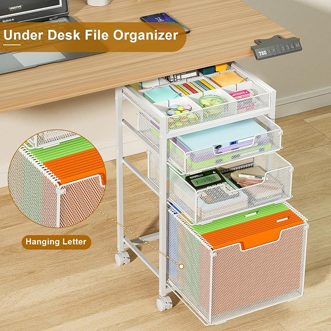 Rolling File Cart with 3 Storage Drawers, Under Desk Organizer with DIY Divider, Moblie Filing Cabinet on Wheels, Fits A4/Letter Size, Metal Utility Cart for Home Office, White