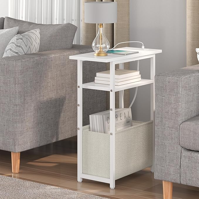 sthmec Narrow Side Table with Charging Station Set of 2, Small End Table for Small Spaces, Skinny Nightstands Set 2 with Storage Basket, 3 Tier Sofa Bedside Tables for Living Room,Bedroom, White