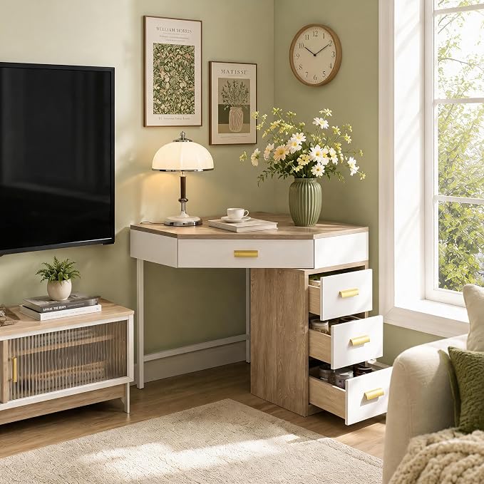 Tribesigns Corner Desk with 4-Drawer Storage,Triangle Computer Desk,Vanity Station,Study Nook for Small Space,Home Office,Bedroom,Living Room,White&Gray