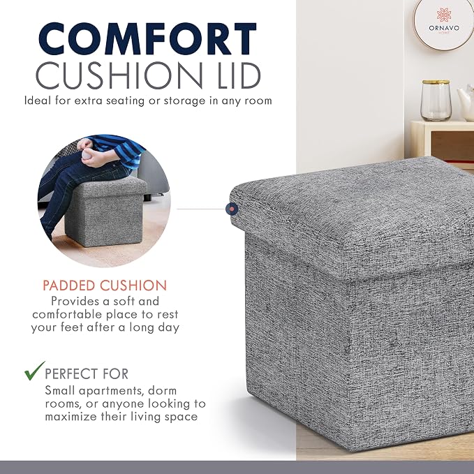 Ornavo Home Small Storage Ottoman Foldable Collapsible Cube Square Linen Ottoman Foot Rest Stool Seat, for Living Room, Bedroom, Home Office, Dorm - 12 x 12 x 12, Gray