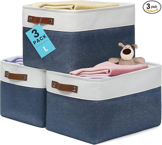 OrganiHaus 15x11in Canvas Storage Baskets 3 Pack | LARGE Fabric Bins for Shelves | Closet & Bedroom Storage | Navy Blue/Off-White