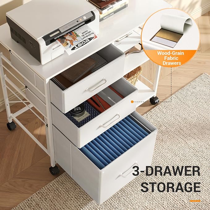 DEVAISE 3 Drawer Mobile File Cabinet, Rolling Printer Stand with Open Storage Shelf, Fabric Lateral Filing Cabinet fits A4 or Letter Size for Home Office, White