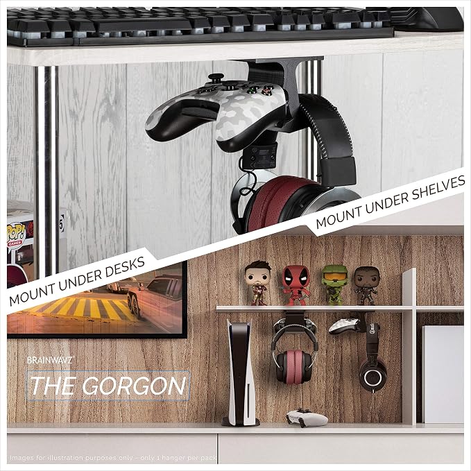 BRAINWAVZ The Gorgon - Under Desk Game Controller & Headphone Holder for XBOX, PS4, PS5, Series One, Steelseries, PC & Most Gamepads & Headsets, Screwless Hanger Stand, Black
