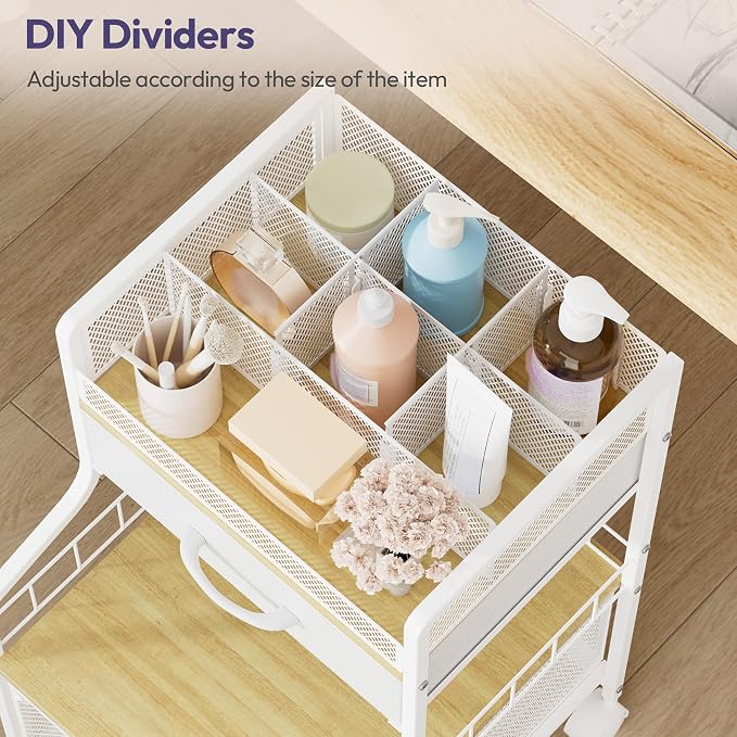 SWTYMIKI Under Desk Storage Cart- Art Storage Cart with Drawers & DIY Divider - Office Cart Organizer Under Desk Shelf, Craft Rolling Cart for Office, Craft Room & Studio White