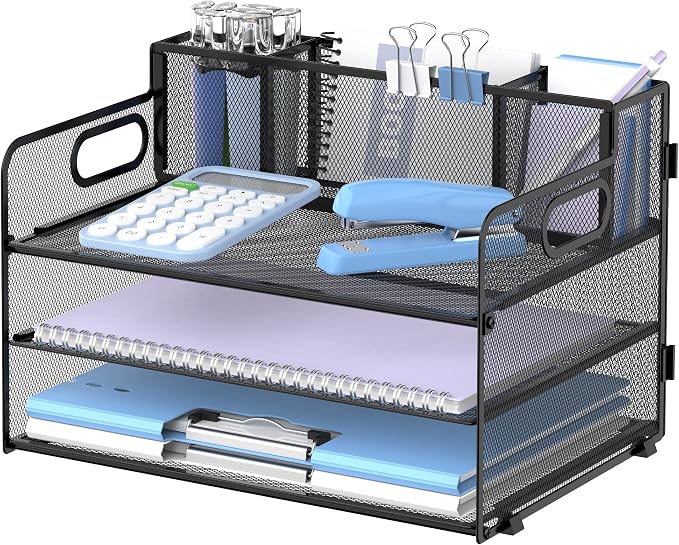 SUPEASY 3 Tier Desk Organizer with Handle & 3 Pen Holders, Mesh Paper/File Organizer for Desk, Paper Letter Tray Organizer for Office Supplies (Black)