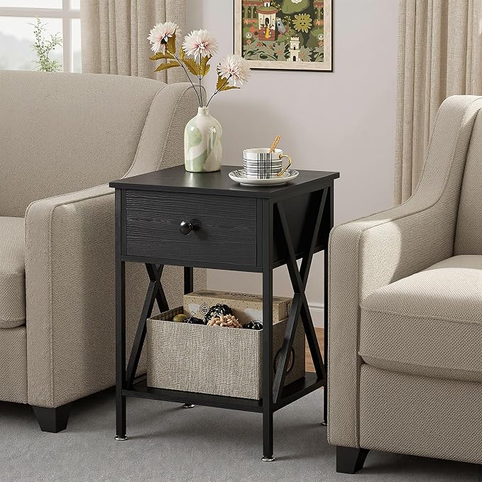 VECELO Night Stand with Drawer, 2 Tiers Storage Shelves End Table, Small Side Table for Small Spaces,Night Stand for Living Room, Bedroom, Black
