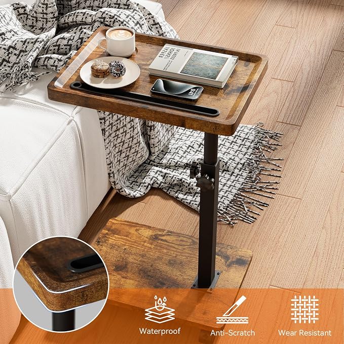 IBUYKE C Shaped Side Table Height Adjustable, 360° Swivel TV Tray Table with Wheels, End Table for Small Spaces,Living Room,Small Bedside Table for Eating, Dinner or Laptop, Brown UTVT007H