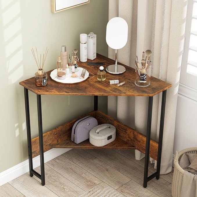 Tangkula Corner Desk with Power Outlet & USB Ports, Triangle Computer Desk with Charging Station, Storage Shelf, Space Saving Writing Desk, Vanity Table, Corner Desk for Small Space (Rustic Brown)