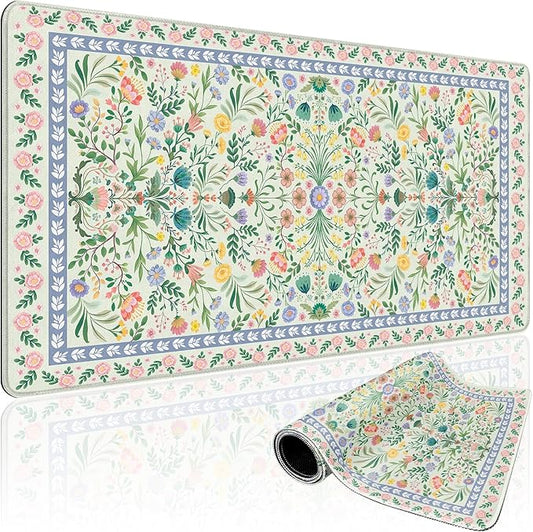 Green Floral Desk Mat, 31.5"x15.7" Large Mouse Pad, Anti-Slip Rubber Base Keyboard Pad with Stitched Edges, Water-Resistant Smooth Desk Blotter, Computer Mat for Home Office Desk