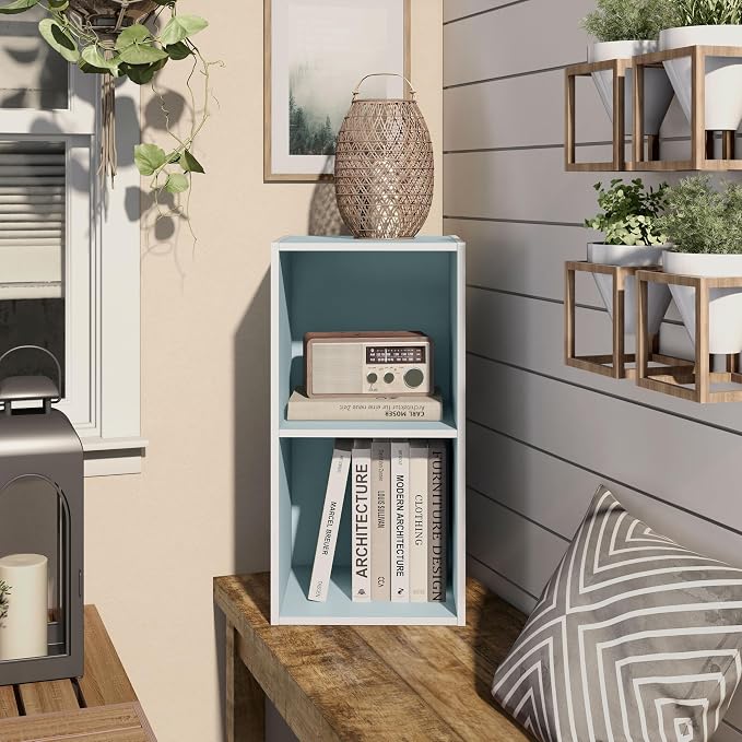 Homes: Inside + Out Apexa 2-Cube Storage Organizer Shelves, Stackable Wood Bookcase Fits Cubby Bins for Organization, Dorm Teen Room Decor & Home Office, Light Blue