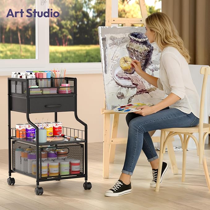 SWTYMIKI Under Desk Storage Cart- Art Storage Cart with Drawers & DIY Divider - Office Cart Organizer Under Desk Shelf, Craft Rolling Cart for Office, Craft Room & Studio Black