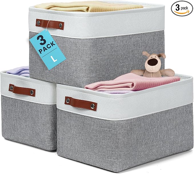 OrganiHaus 15x11in Canvas Storage Baskets 3 Pack | LARGE Fabric Bins for Shelves | Closet & Bedroom Storage | Gray/Off-White