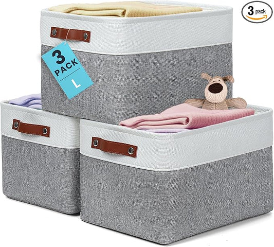 OrganiHaus 15x11in Canvas Storage Baskets 3 Pack | LARGE Fabric Bins for Shelves | Closet & Bedroom Storage | Gray/Off-White