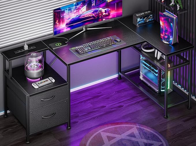 Furologee 49Inch L Shaped Computer Desk with Power Outlets, Gaming Desk with Fabric Drawer & File Cabinet, Reversible Corner Home Office Desk with Printer Stand, for Working, Studying, Gaming, Black