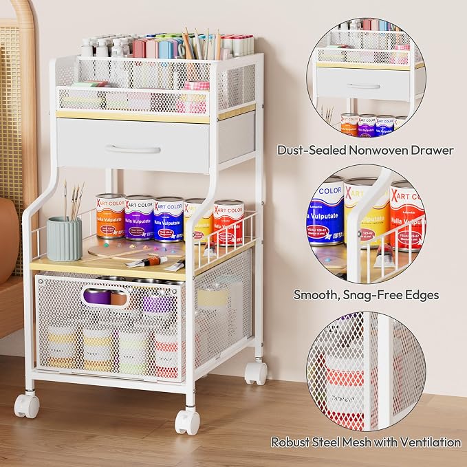 SWTYMIKI Under Desk Storage Cart- Art Storage Cart with Drawers & DIY Divider - Office Cart Organizer Under Desk Shelf, Craft Rolling Cart for Office, Craft Room & Studio White