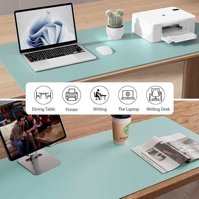 Aothia Faux Leather Desk Mat - Non-Slip PU Leather Desk Blotter, Waterproof Writing Surface, Large Desk Pad for Office & Home (Light Blue, 55" x 24")