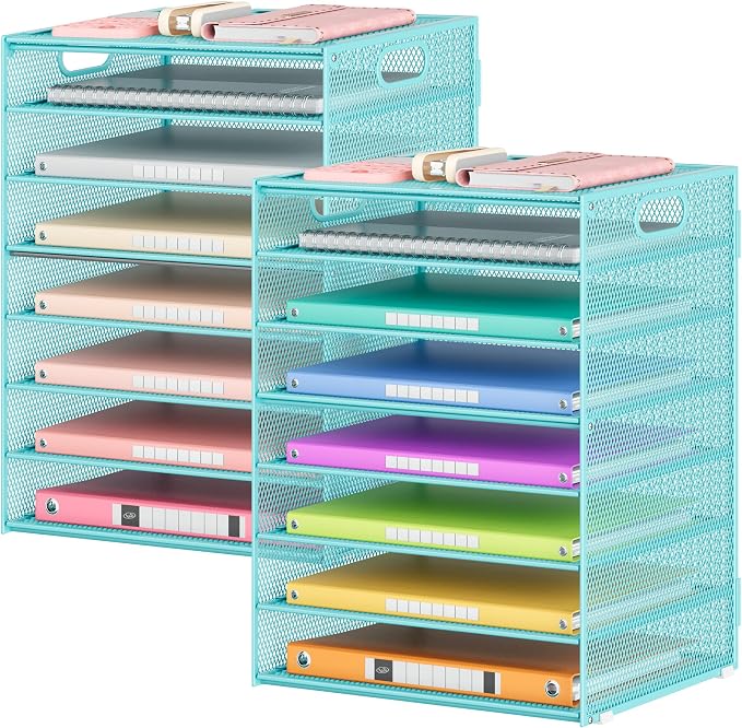 Lavatino 2 Pack 8-Tier Office Desk File Organizer, Letter Tray Paper Organizer with Handle, Including 5 Adjustable Slide Trays for Organizing Desk Workspace Accessories and Supplies (Blue Metal Mesh)