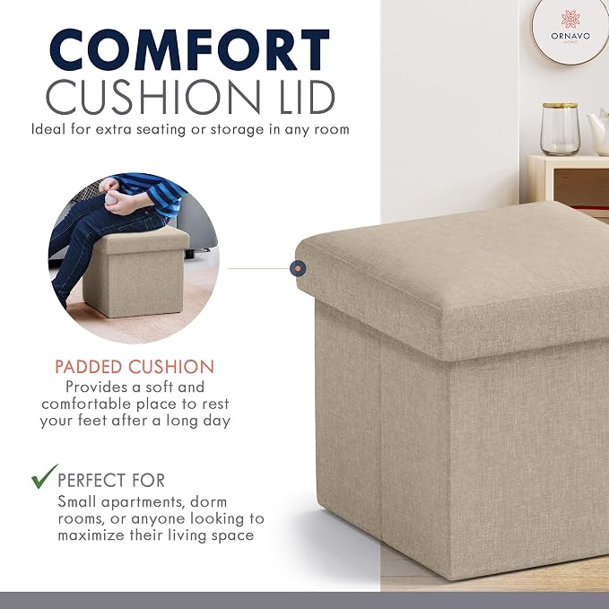 Ornavo Home Small Storage Ottoman Foldable Collapsible Cube Square Linen Ottoman Foot Rest Stool Seat, for Living Room, Bedroom, Home Office, Dorm - 12 x 12 x 12, Taupe