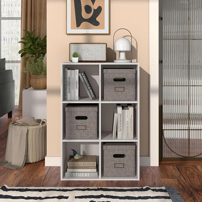 Homes: Inside + Out Apexa 6-Cube Storage Organizer Shelves, Stackable Wood Bookcase Fits Cubby Bins for Organization, Dorm Teen Room Decor & Home Office, Taupe Grey
