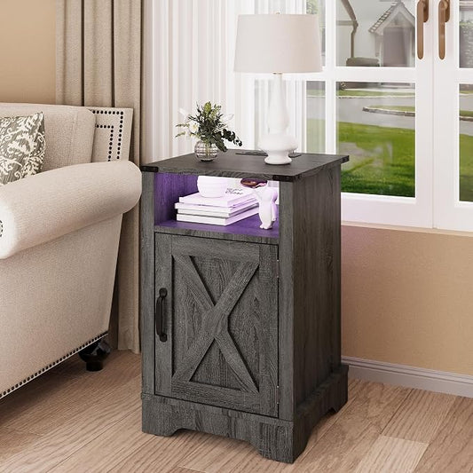 RoyalCraft 25" Tall LED Nightstand with Charging Station, Farmhouse Nightstand with Led Lights, Wooden Rustic Side Table for Bedroom, Dark Grey End Table with Storage