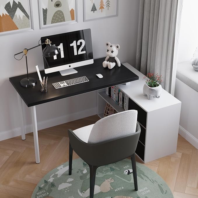 Mekminop L Shape Small Desk - Computer Corner Desk with 3 Drawers and 2 Shelves, 53 inch Home Office Table with Storage Cabinet for Gaming Writing Study, White+Black