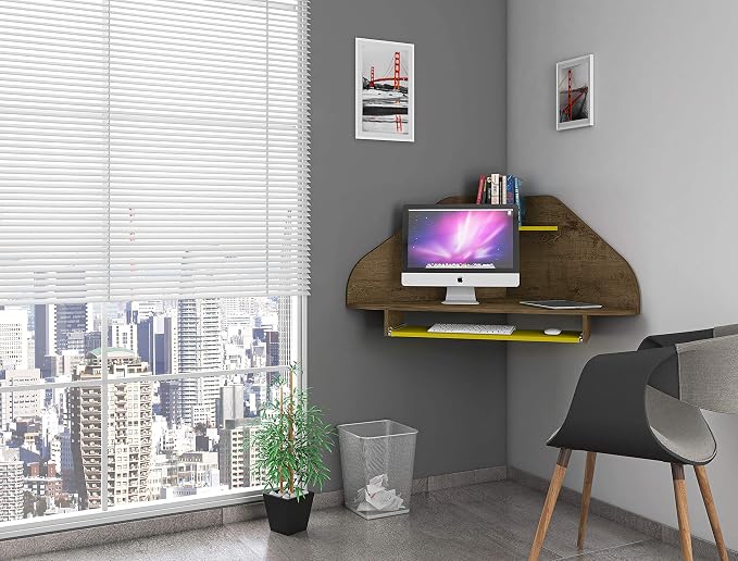 Manhattan Comfort Bradley Corner Floating Desk with Shelves & Gliding Keyboard Drawers, Wall Mounted Table for Small Spaces, Home Office and Bedroom, Mid Century Modern Design, Rustic Brown/Yellow