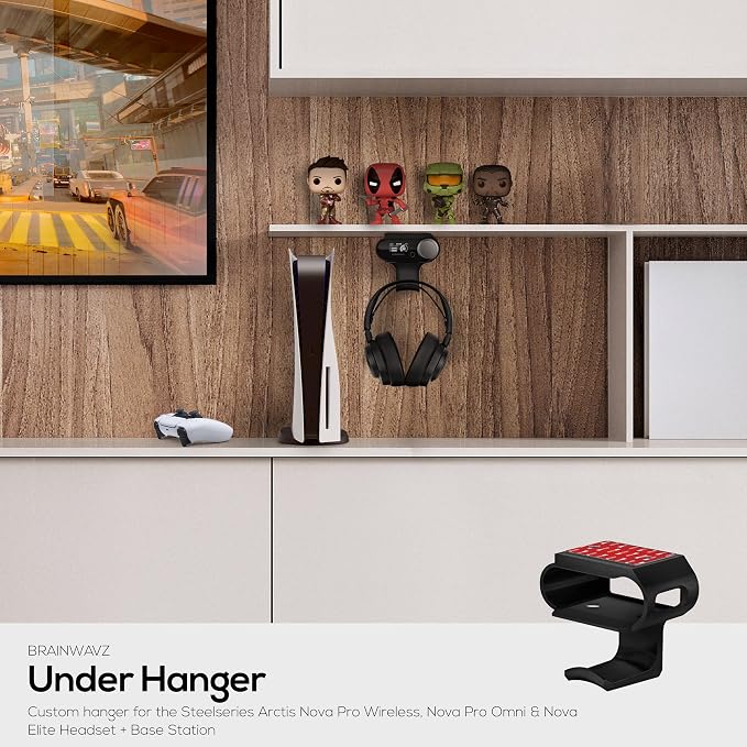 Under Desk Headphone Hanger Stand for Steelseries Arctis Nova Pro, Elite and Pro Omni Wireless Headsets with Dock for the Wireless Base Station by Brainwavz (HPS02)