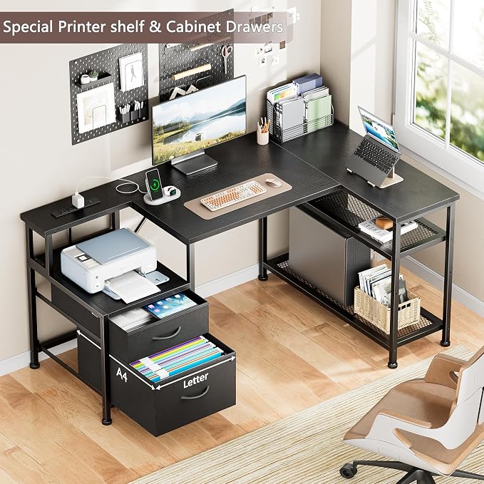 Furologee 49" L Shaped Computer Desk with Power Outlets, Reversible Home Office Desk with Fabric Drawers, File Cabinet, Printer Table, Metal Storage Shelves, Corner Desk for Small Space, Black